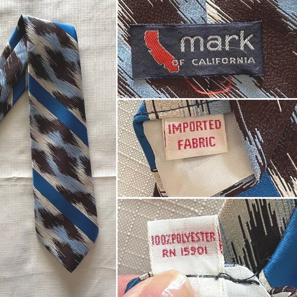 Vintage Mark Of California Mens Wide Tie w/ Blue Stripes and Abstract Design - Picture 2 of 3